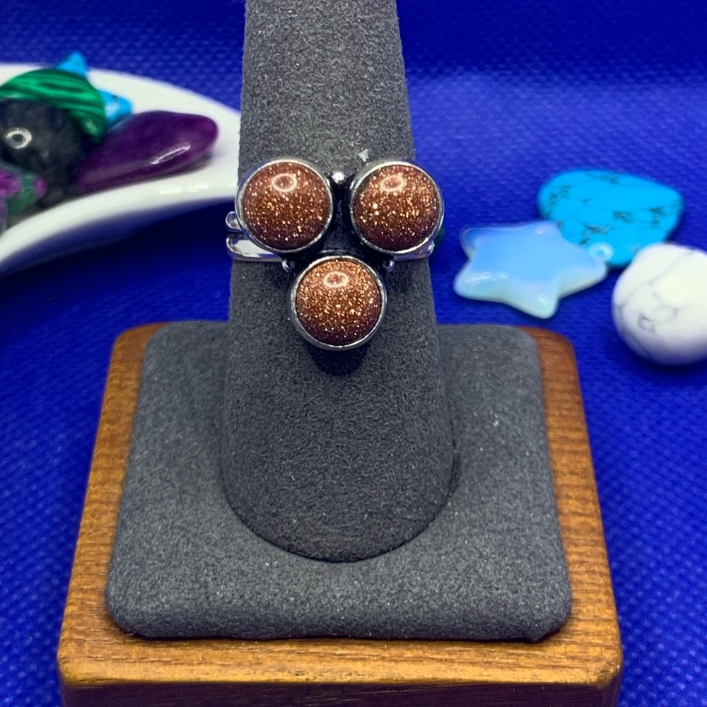 Sparkling Goldstone (Sandstone) Trio Ring! 925 Sterling Silver Plated, Size 8.25